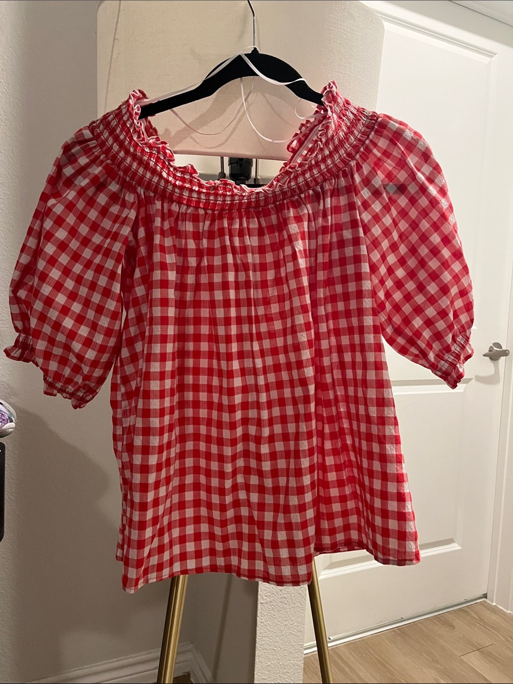LOFT Red and White Gingham Off-Shoulder Top